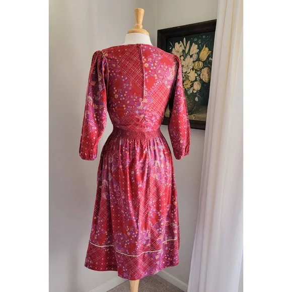 70s Red Floral Cinched Waist 1970s Vintage Midi Dress by ' Belle France ' - Picture 7 of 8